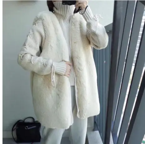 Womens Spring And Autumn Imitation Fur Vest Coats Female Casual V Neck Long Section Fur Waistcoats Sleeveless Fur Jackets K587
