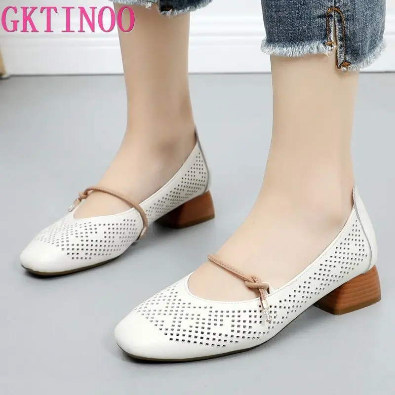 2019 Spring Summer Breathable Hollow Genuine Leather Shoes Thick with Low Heels Sandals Women Fashion Plus Size | Обувь