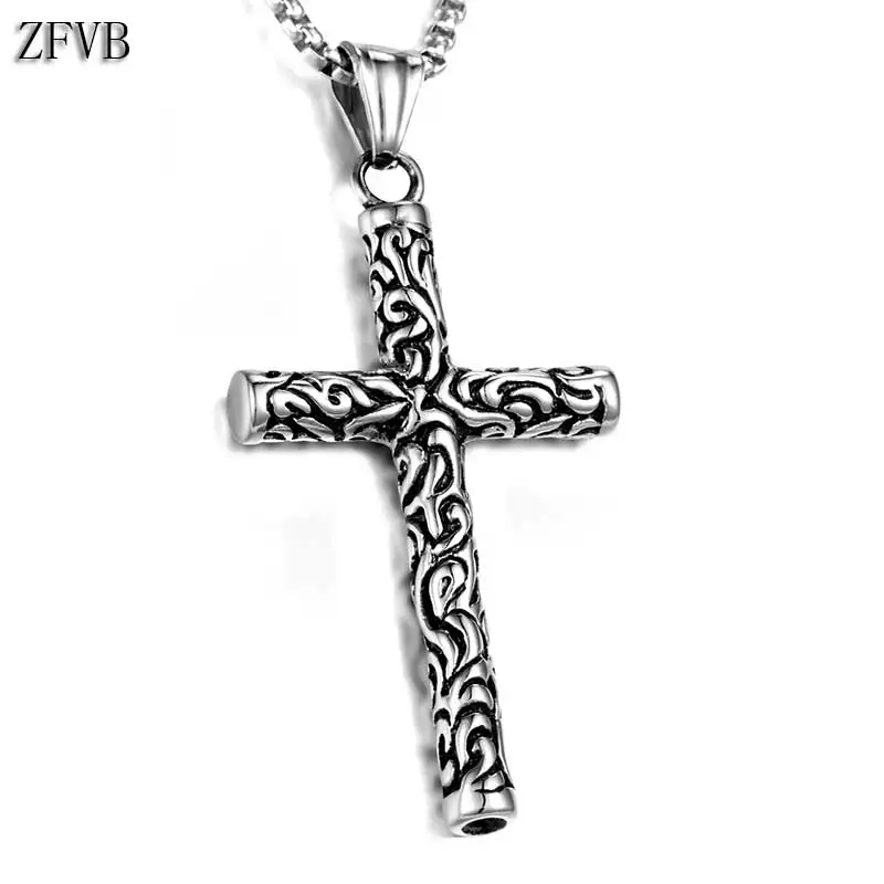 

ZFVB Vintage Cross Pendant Necklace for Men 316L Stainless Steel Stripe Christian Necklaces Pendants Mens Religion Jewelry Gift