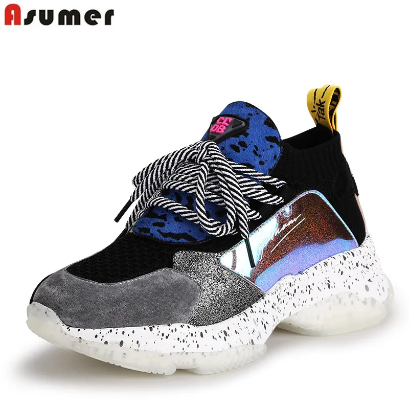 ASUMER/Размеры 35-41, новинка г. женская обувь женские кроссовки из коровьей кожи с конским мехом замшевые носки на шнуровке женские кроссовки на платформе