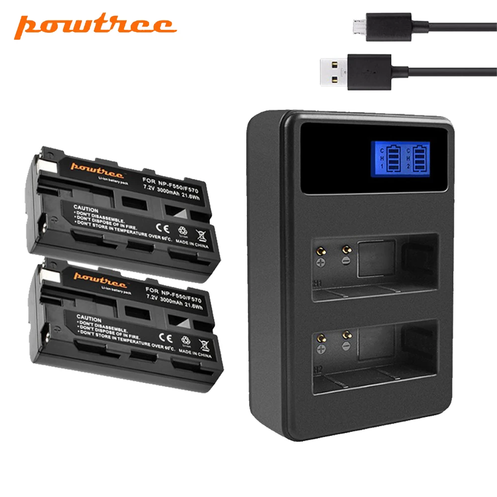 

POWTREE 2Pcs NP-F550 NP F330 F530 F570 Battery +LCD Dual Charger For Sony NP-F570 CCD-SC55 CCD-TRV81 DCR-TRV210 MVC-FD81 NP-F730