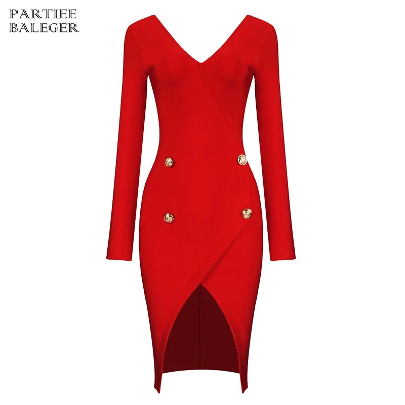 

2019 New Arrival Trendy Red Dress Button Design Sexy V Neck Backless Split Long Sleeves Mini Club Dress Party Bandage Dress