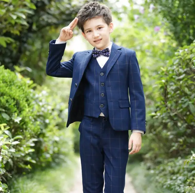 Boys Suits for Weddings Plaid Navy Blue boys wedding party suit Formal