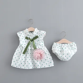 

2019 Summer Baby Girls Cotton Polka Dot Bow Ruffles Princess Party Dress + Lace PP Shorts Children Kids 2Pcs Dresses vestidos