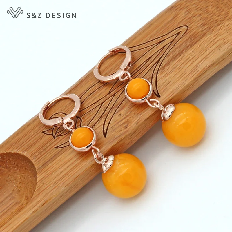 S&Z DESIGN New Round Simulated Beeswax Long Dangle Earrings Trendy 585 Rose Gold Color Eardrop For Women Wedding Party Jewelry