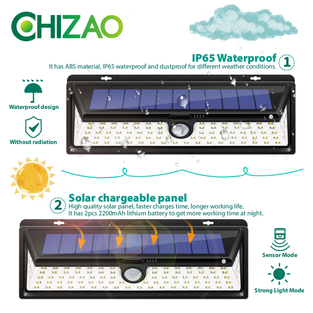 CHIZAO 66 светодиодный светильник на солнечной батарее s уличный светильник с датчиком движения беспроводной водонепроницаемый IP65 безопасный солнечный светильник для передней двери аварийный светильник s