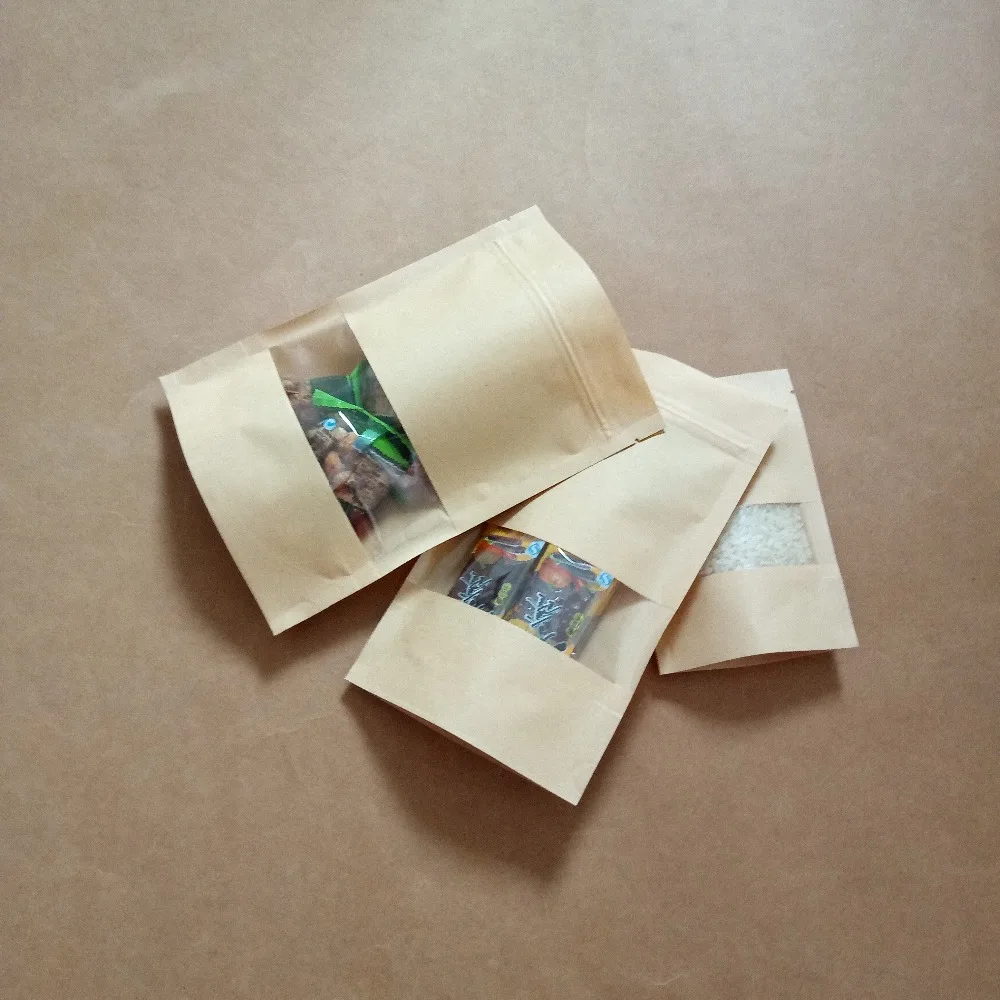 18*26+4 100pcs brown self zip lock kraft paper bags with window for