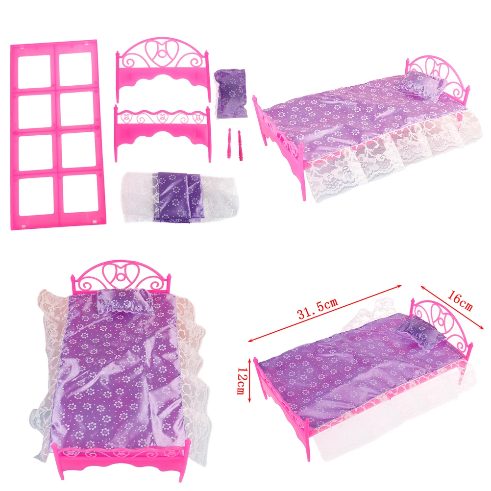 Plastic Bed Bedroom Furniture For Dolls Dollhouse Furniture Pink Color