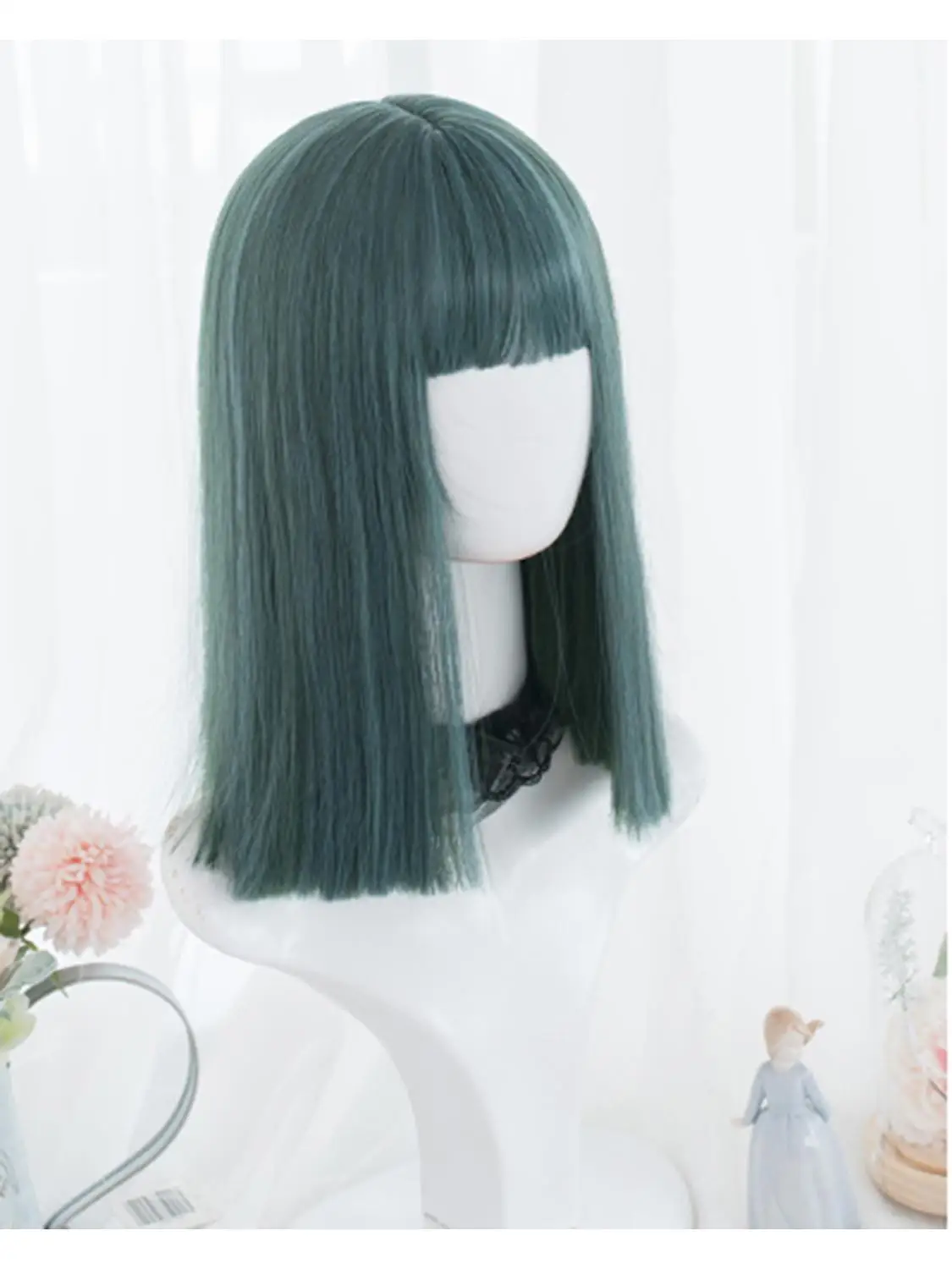 

Cosplaysalon H762464S Lolita 35CM Short Straight Mixed Green Bangs Cute Party Synthetic Women Cosplay Wig