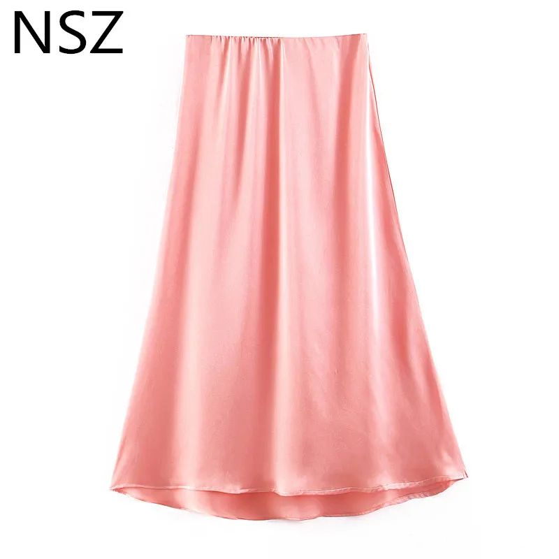 

NSZ Women Pink Satin Skirt Midi Party Summer A-Line Skirt High Waist Solid Skirt Female Asymmetry Skirt