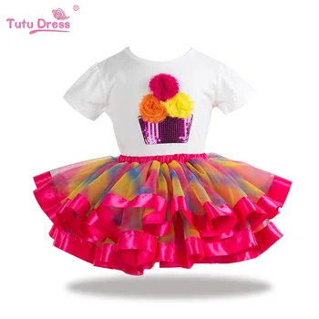 

Children Tutu Set Short Fluffy Rainbow Color Tutu Skirt Birthday Cake T-shirt Summer Suits Clothing Set 2Pcs New Arrival