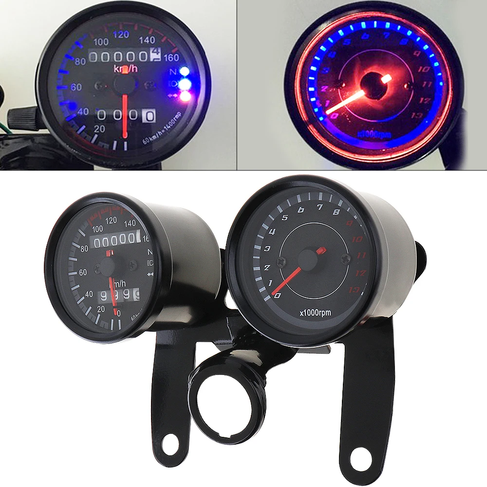 

Universal Motorcycle Speedometer Odometer Gauge 0~160km/h 13000 RPM LED Backlight Tachometer Set Black Instrument