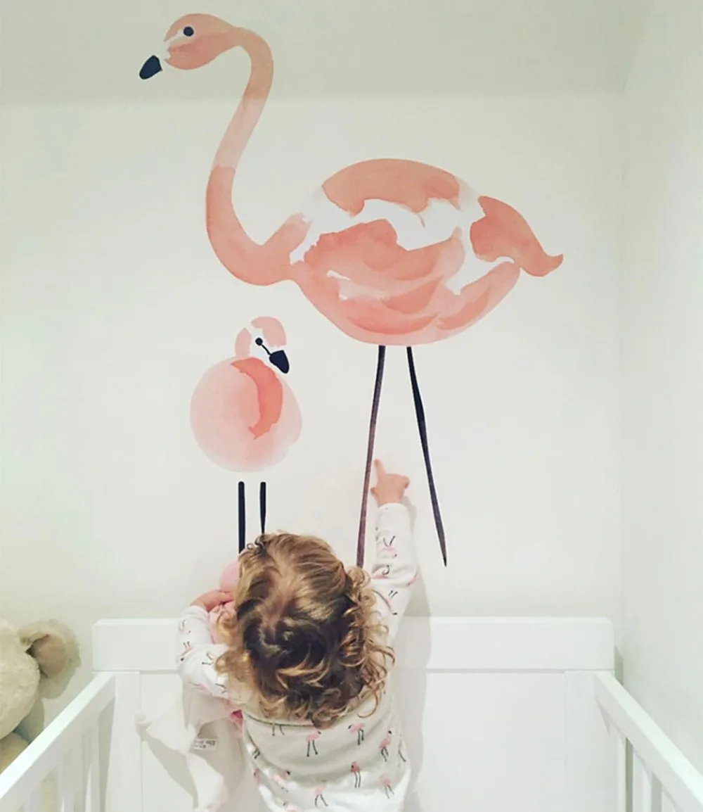 Розовые наклейки с фламинго для детской комнаты спальни милые Мультяшные настенные наклейки с животными наклейки для детской комнаты скандинавский Декор