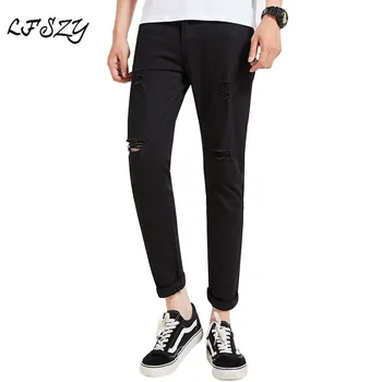 

Jeans Men 2019 New jeans Korean version of the Slim Stretch jeans Men Fashion Urban trend Men's Black Hole jeans Size S-XXL