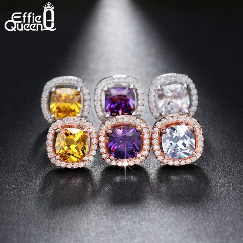 

Effie Queen Big Crystal Purple Zircon Stud Earrings Fashion Korean Style Square Women Cute Earring Wedding Jewelry Gift DE149