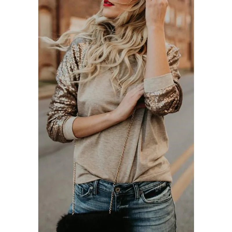 

Dropshipping Womens Beige T shirt Round Neck Patchwork Glitter Color Blok T-Shirts Woman Long Sleeve tee shirts femme