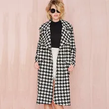 Europea Winter Women Wool Blends Plaid Coat Femal Thick Turn Down Striped Printed Mid Long Loose