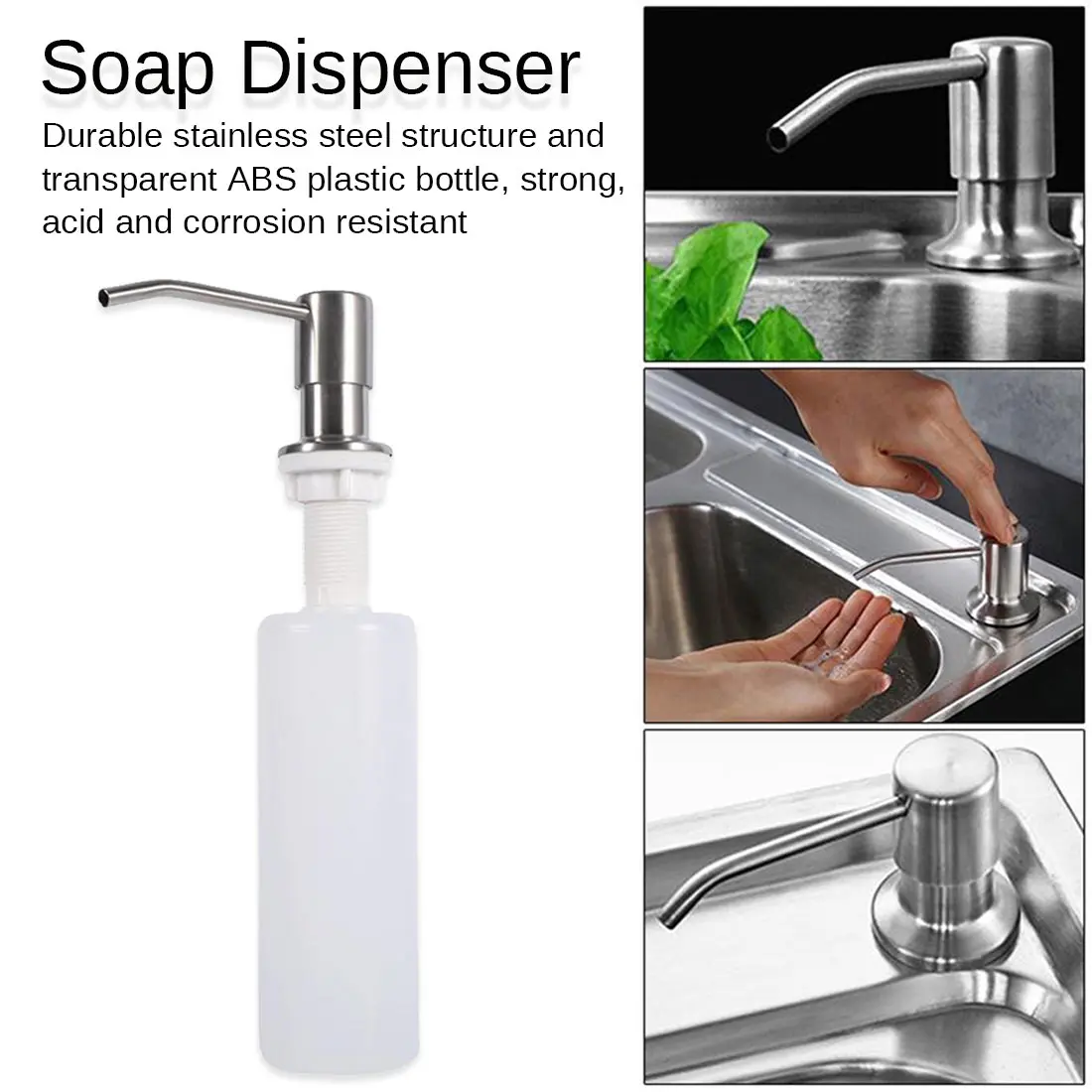 250ml Black Stainless steel Liquid Soap Dispensers Kitchen Sink Hand Soap Dispenser ABS Plastic Bottle Easy To Fill Kitchen Acce