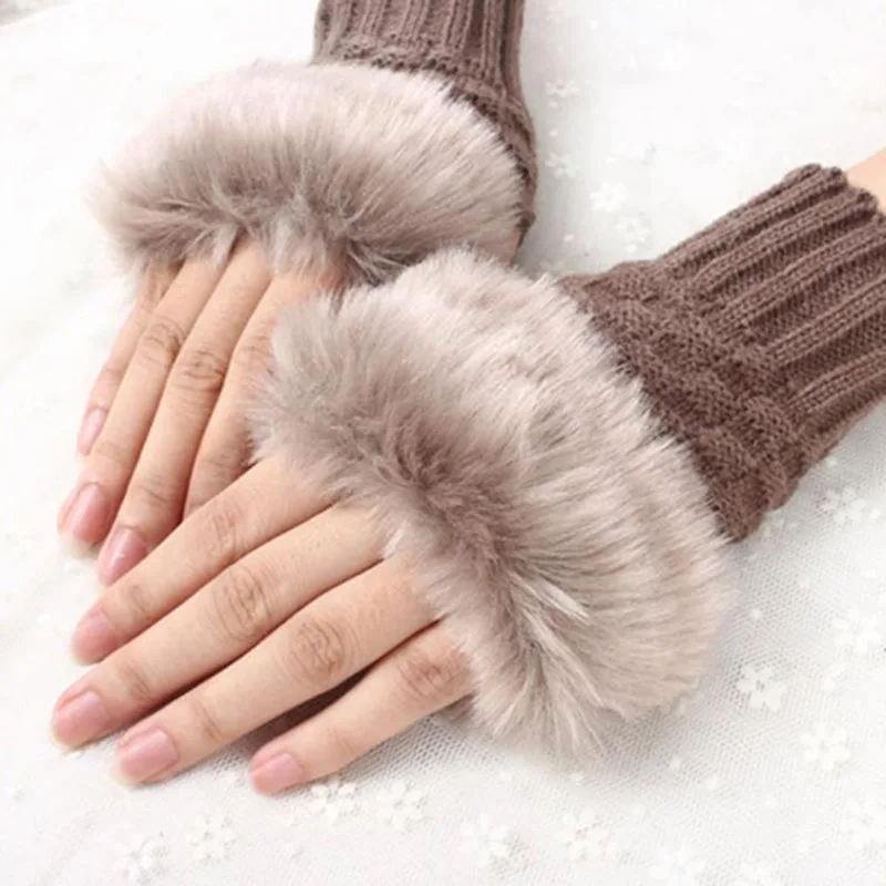 2022 Winter Women Gloves Warmer Stylish Gloves Knitting Faux Wool Mitten Fingerless Rabbit Fur Gloves Arm Wrist Gants Femme Gift