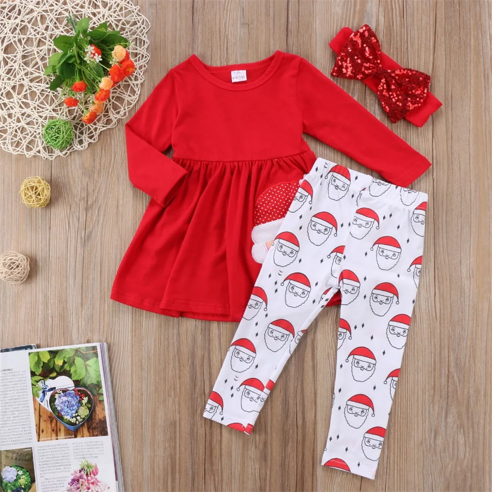 Рождественская Детская одежда для малышей для девочек Карнавальный костюм на Рождество девочек Санта-Клаус одежда-пачка Брюки леггинсы комплект одежды из 3 предметов
