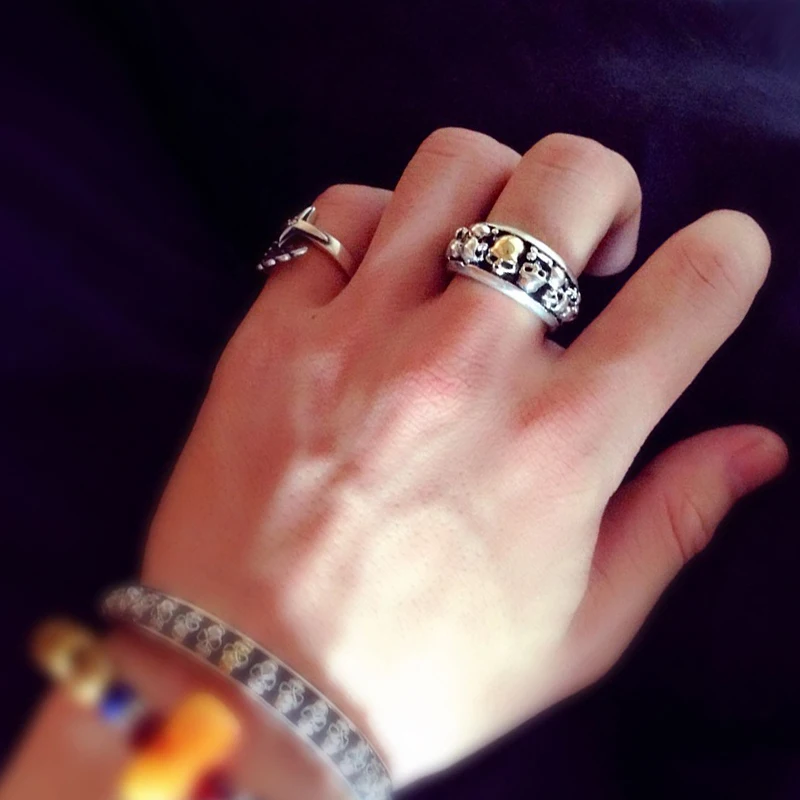 Gothic 100% Real 925 Sterling Silver Ring for Men with Many Skulls Boys Vintage Cool Punk Style Thai Silver Skeleton Rings Band