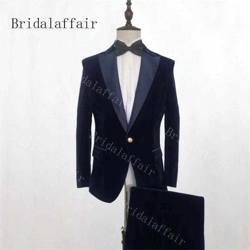 Bridalaffair, 2 предмета, платье для жениха,, блестящий костюм-смокинг с отворотом, дизайн Королевский синий бархат, мужские свадебные костюмы, смокинги - Цвет: 9-navy