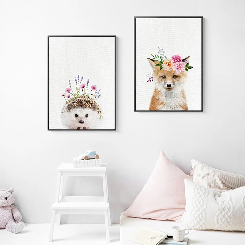 

Cartoon Animals Nordic Poster Fox Flower Wall Pictures For Living Room Hedgehog Wall Art Canvas Painting Posters Prints Unframed