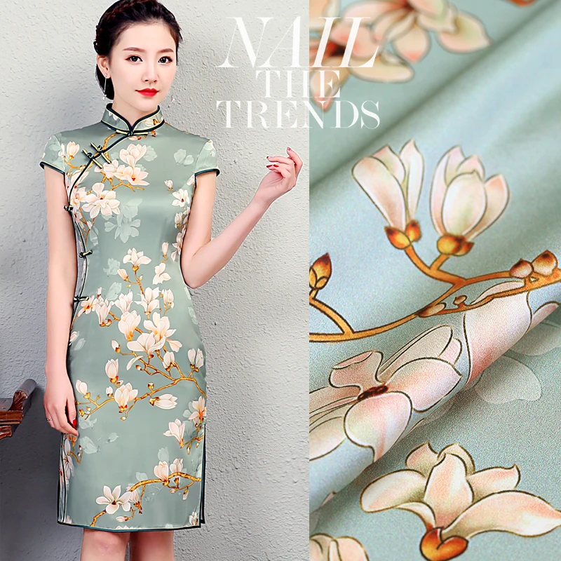

2018 new magnolia flower digital painting stretch satin silk fabric for summer dress plush tecido tissus au metre vestido tela