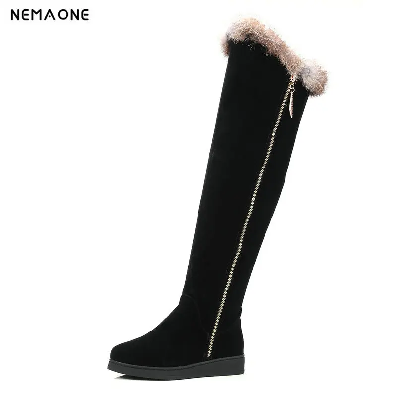

NEMAONE Sexy knee high women snow boots plush winter warm flat platform zipper ladies boots woman party shoes large size 43