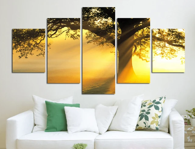 Modern Canvas Printed Sunshine Tree Wall Pictures Por Living Room 5 Modern Canvas Printed Sunshine Tree Wall Pictures Por Living Room 5 Panel Beautiful Painting No