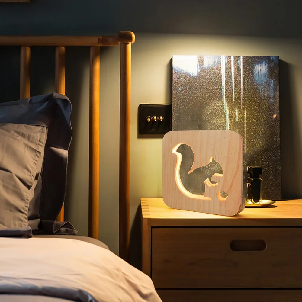 Miumiu милая белка фигурки животных ручной работы атмосферная лампа Деревянный резной полый ночник USB светодиодный ребенок детская комната