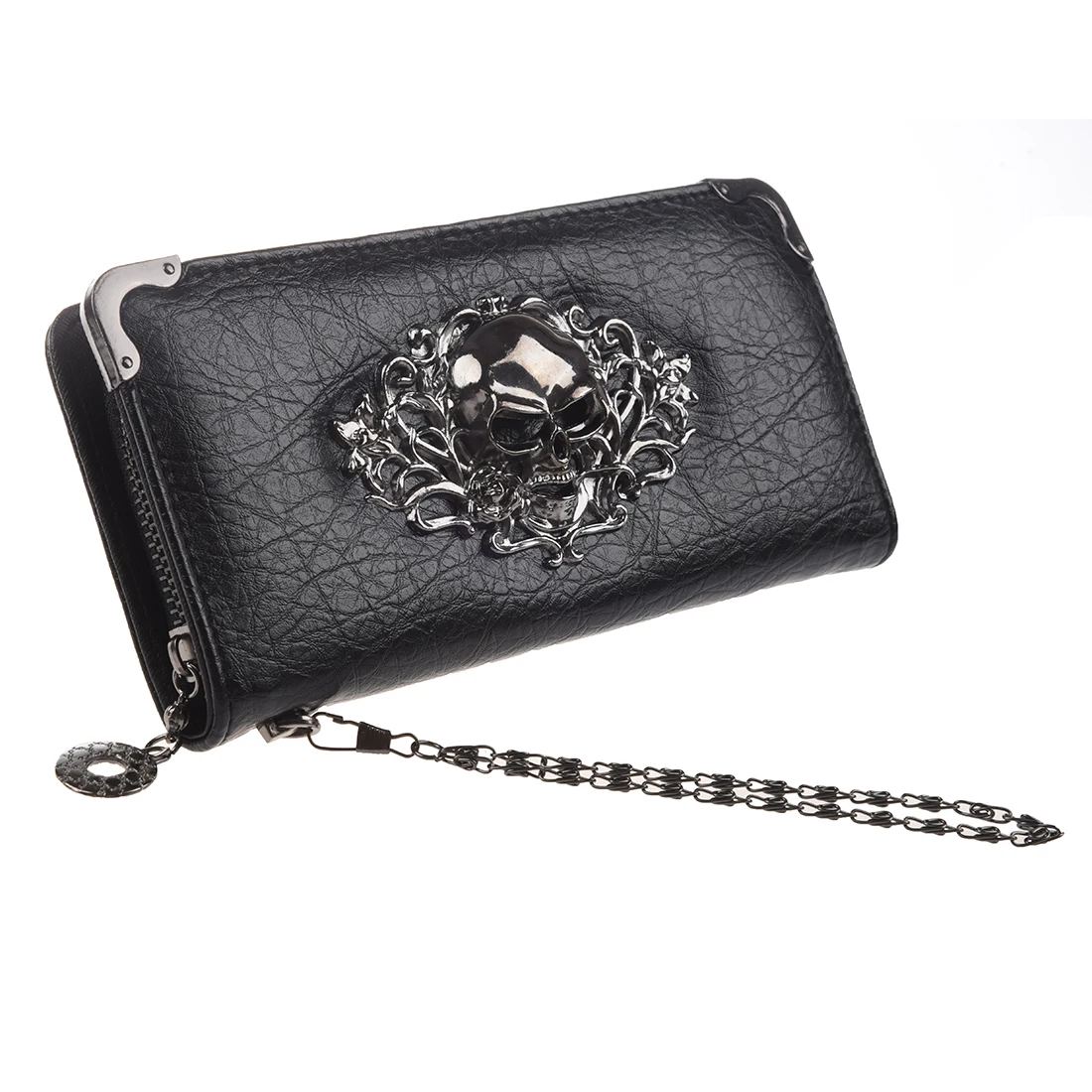 

2018 new Hot Fashion and good quality PU Cool Retro Sliver Color Skull long Wallet for Women Vintage Black Clutch Bag Purse