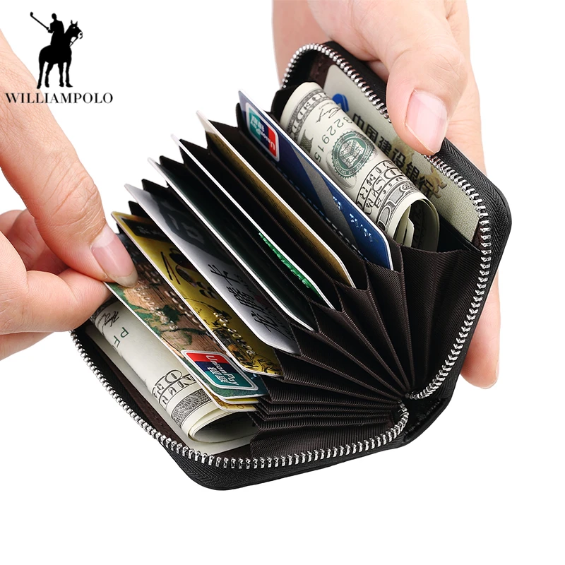 

WILLIAMPOLO Card Case Genuine Leather Coin Pocket Small Zipper Business ID Card Holder Leather Unisex Card Holder Wallets PL255