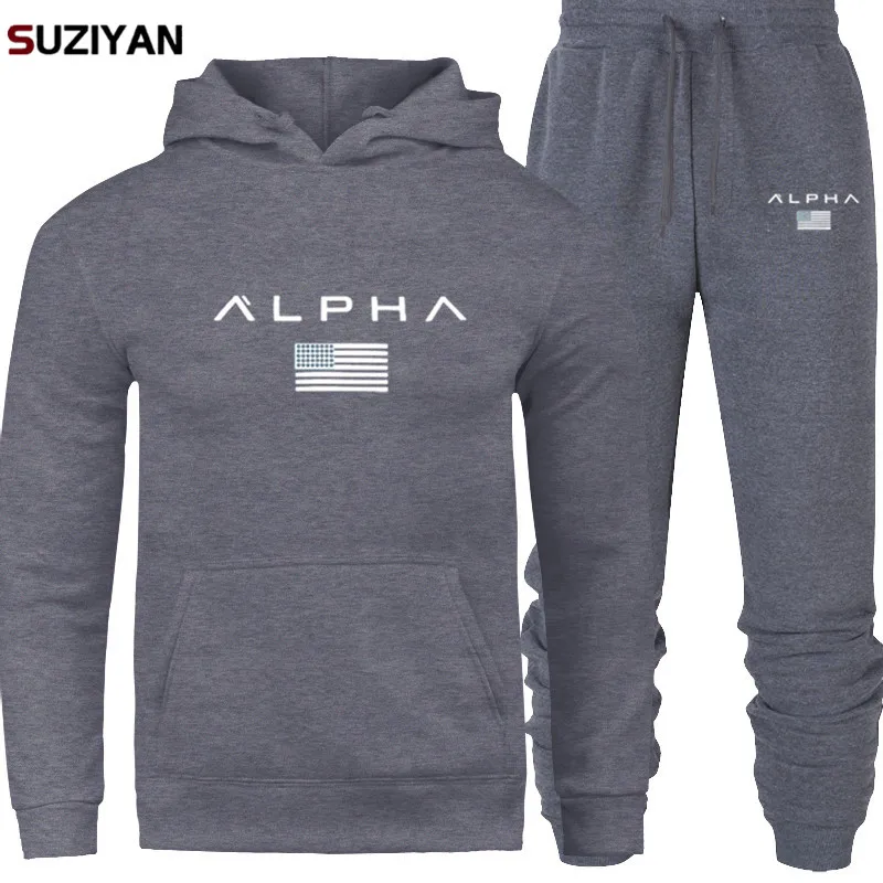 

2019 Brand Large Size Tracksuit Men Set Sporting Suit Track Sweat Print Alpha Sweatsuit Male Sportswear Jackets Hoodie and Pants