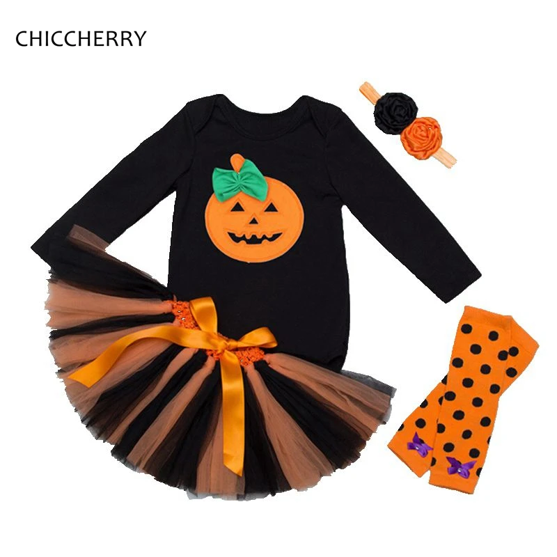 Baby Pumpkin Halloween Costumes Long Sleeve Bodysuit Lace Tutu Skirt Headband LegWarmers Girls Halloween Outfits Infant Clothing