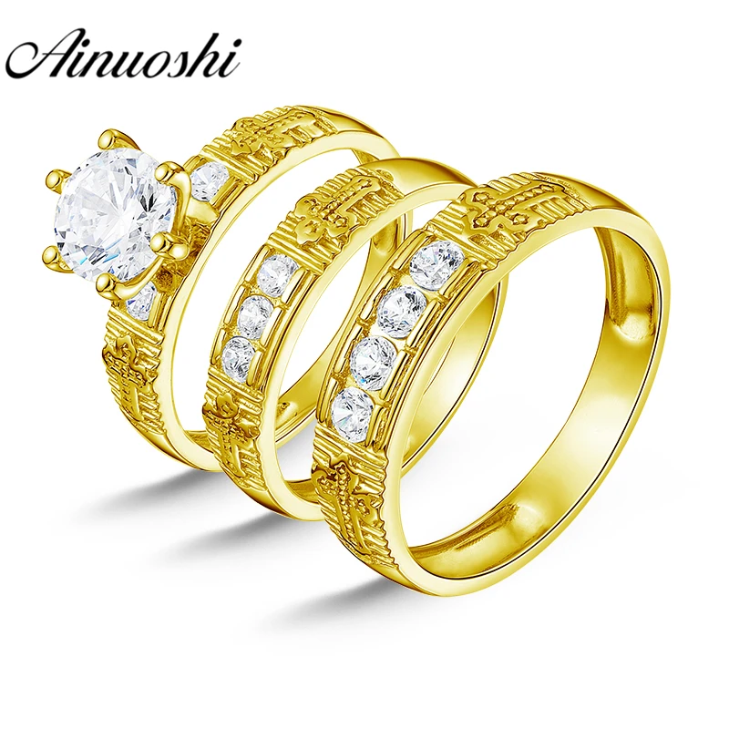 

AINUOSHI Real Gold TRIO Rings Set 10K Solid Yellow Gold Couple Wedding Engagement Rings Cross Pattern Male Band Bridal Rings Set