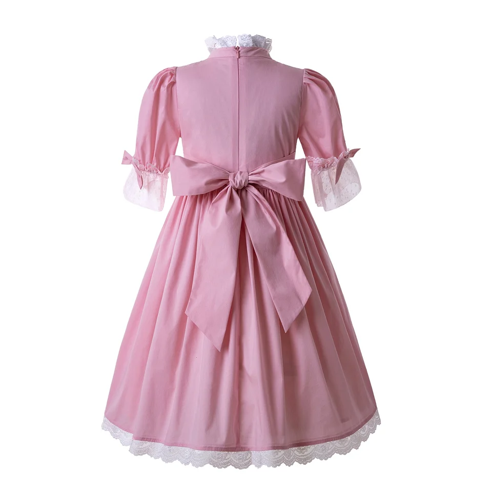 Pettigirl/кружевное розовое однотонное платье принцессы для свадебной вечеринки с воротником-стойкой и длинными цветами для девочек B479(платье длиной до колена