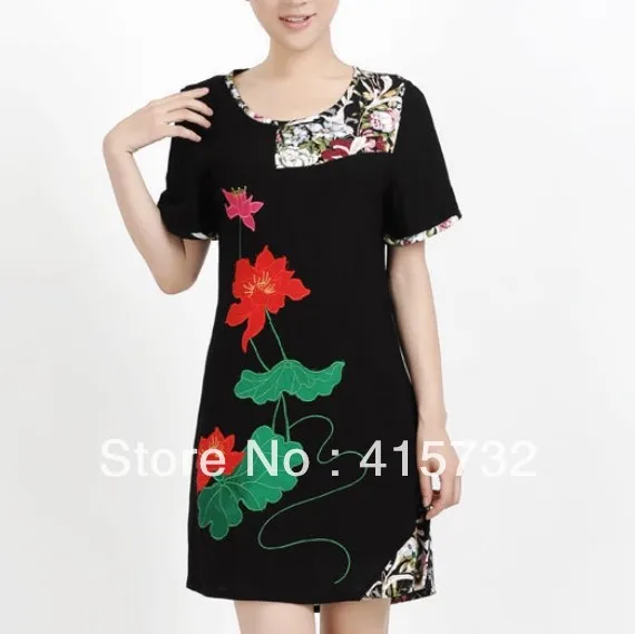 

Free Shipping Cotton 2014 New Arrival Floral Embroidery Short Sleeve Mini Dresses For Women Vintage Short Summer Dresses Black