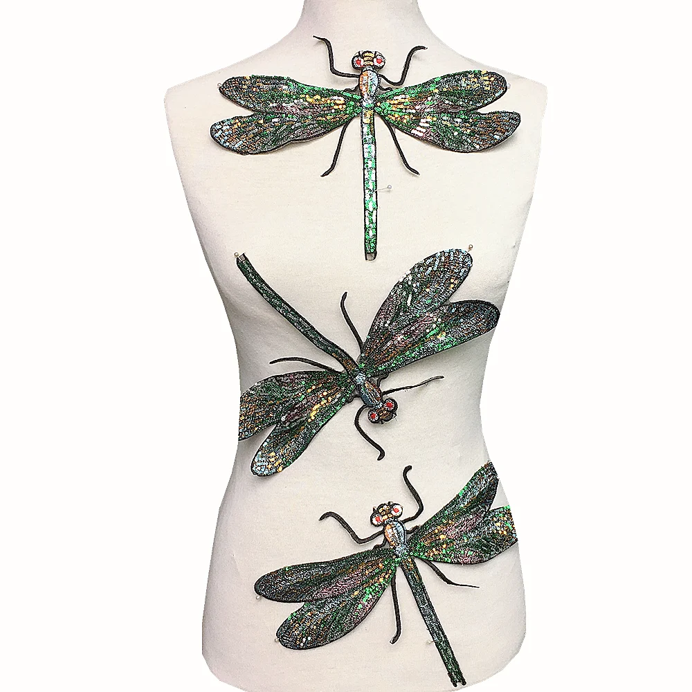 

3pc Dragonfly Sequin Embroidery Patch Embroidered Applique Insect Patches For Clothing Appliques Parches Iron On 28x22cm AC1191