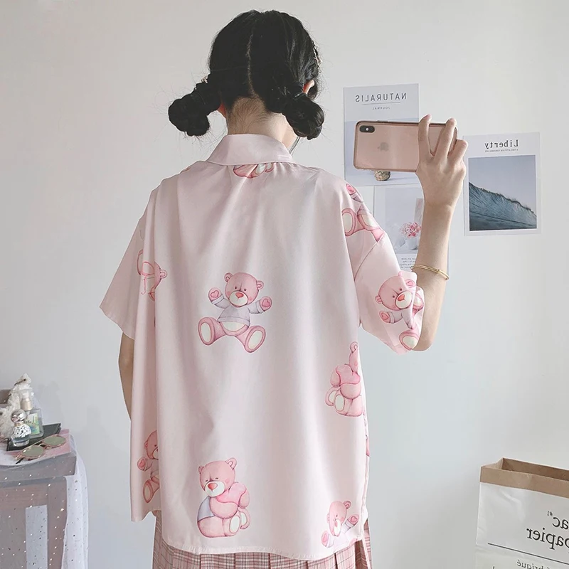 Милая рубашка с коротким рукавом принтом медведя женские летние рубашки Kawaii Ulzzang