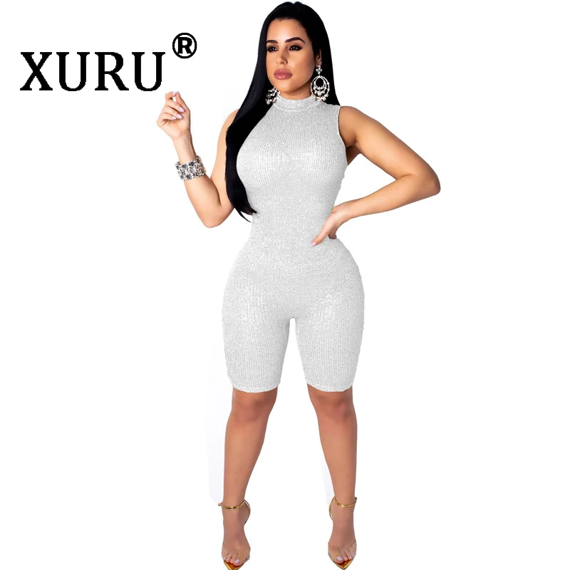Серебристый XURU новые летние женские пикантные комбинезон с блестками мода Slim Fit комбинезон сексуальный ночной клуб золото серебро черный - Цвет: Серебристый