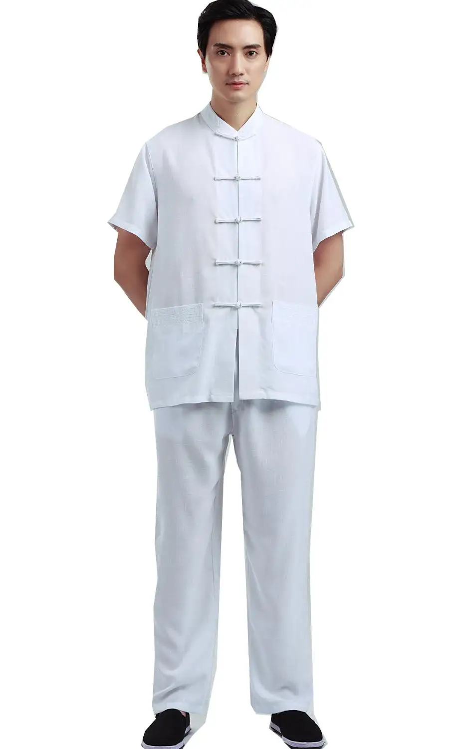 Шанхай история Китайский Мужской тайцзи комплект одежды тайцзи костюм мужской Китайский кунг-фу комплект рубашка с коротким рукавом+ брюки - Цвет: Белый