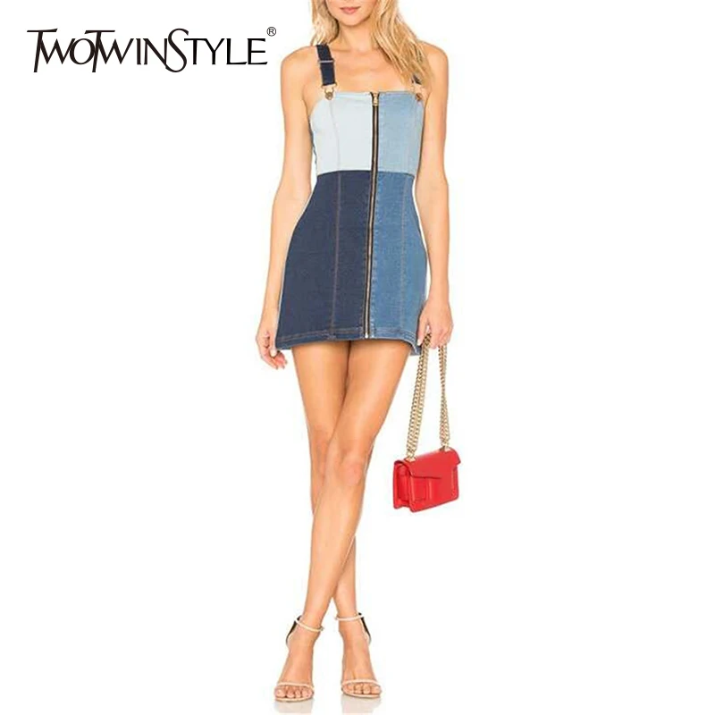 

TWOTWINSTYLE Denim Bodycon Dress Female Off Shoulder Strapless Patchwork Zipper Backless Mini Dresses Summer 2020 Sexy Harajuku