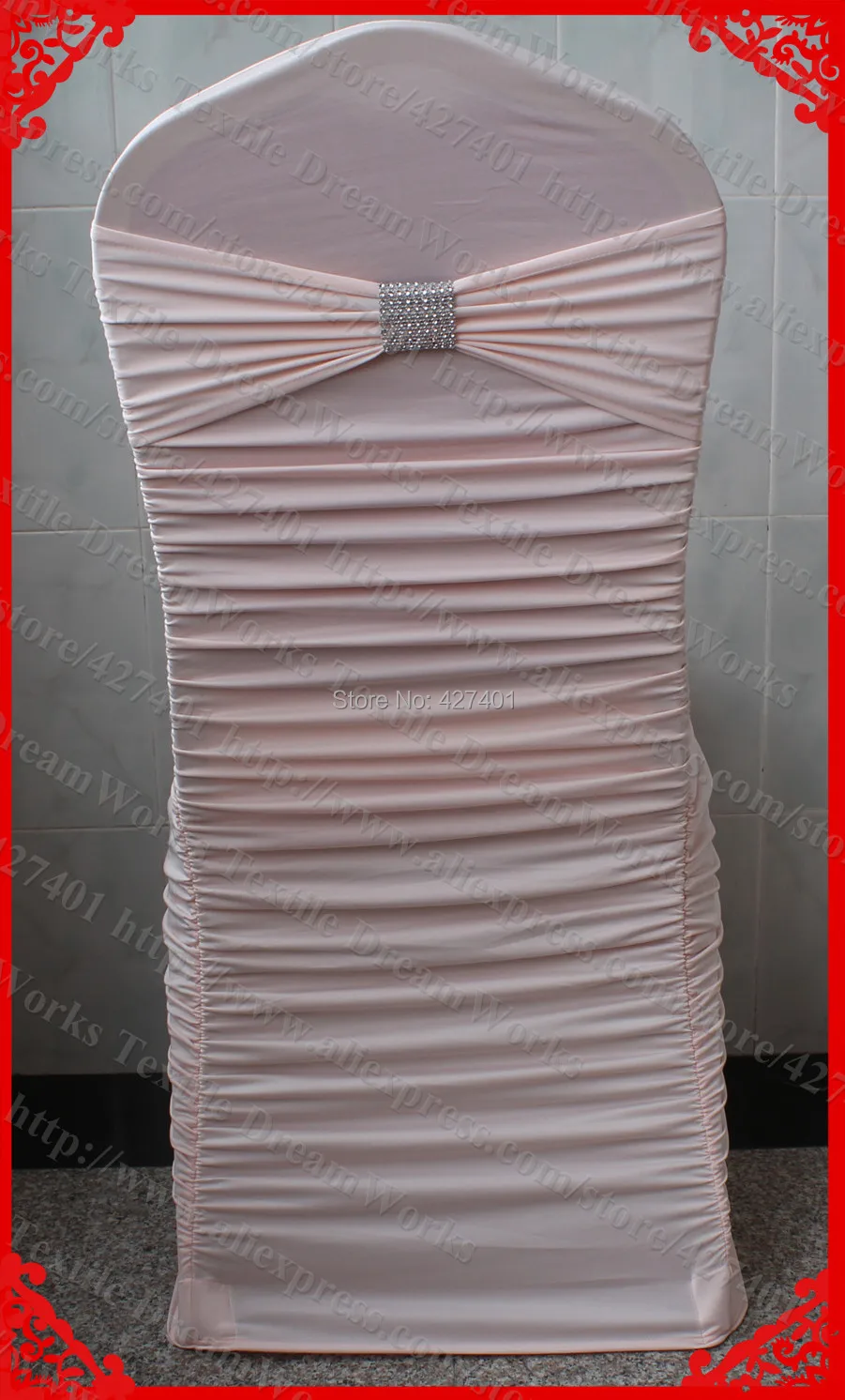 NO.24 Peach Pink Ruffled Lycra Chair Covers With Band And Silver