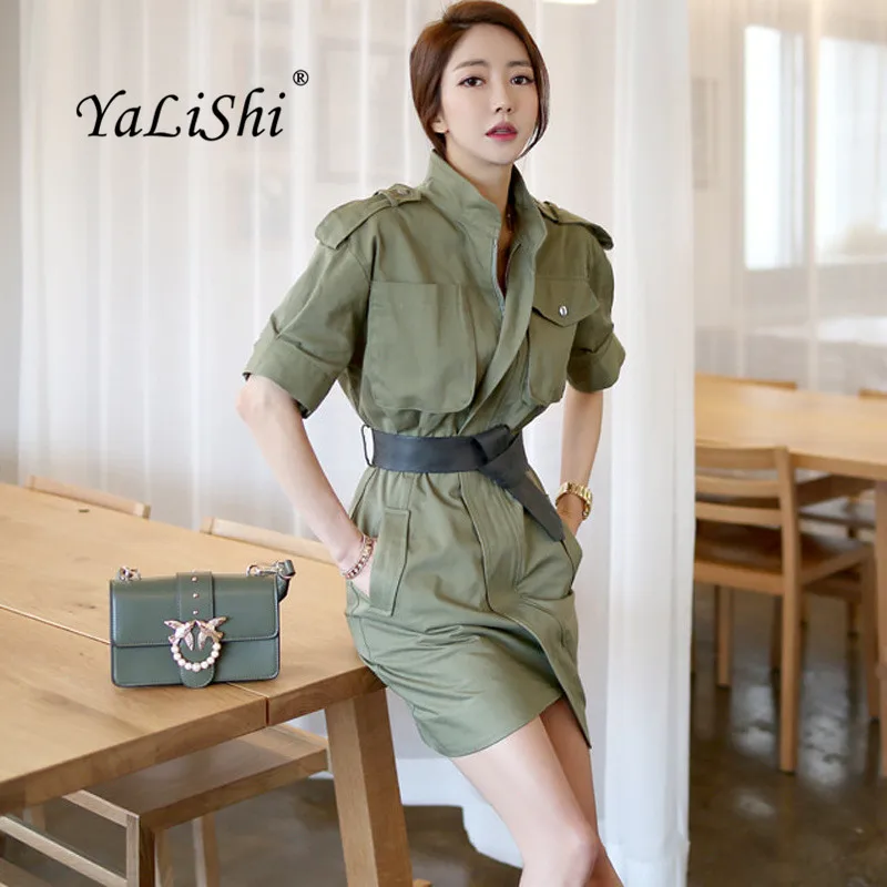 

2018 Summer Plus Size Asymmetrical Dress Women Green White Short Sleeve Stand Collar Shirt Dress Casual Office Mini Dresses