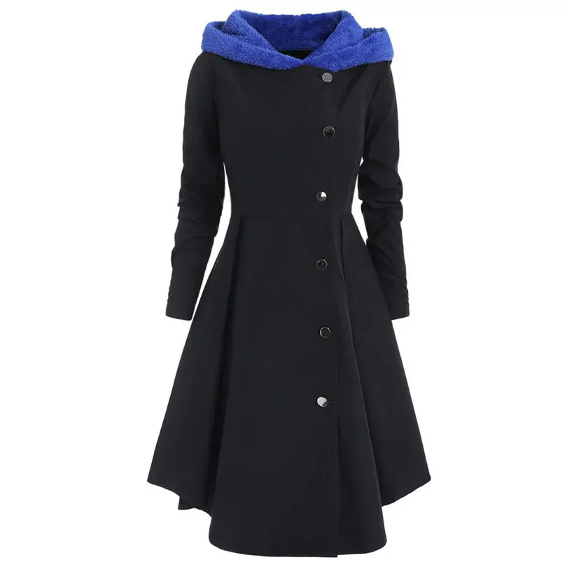 New Women fashion Plus Size Asymmetric Keep Warm Fleece Hooded Single Breasted Long Drap Buttons Coat #4F10 (9)