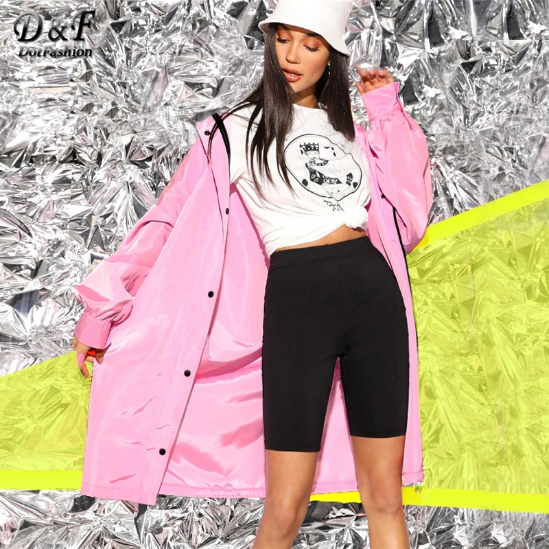 

Dotfashion Pink Drop Shoulder Zip Up Hoodie Coat Women Clothes 2019 Spring Casual Streetwear Hooded Coats Knee Length Outerwear