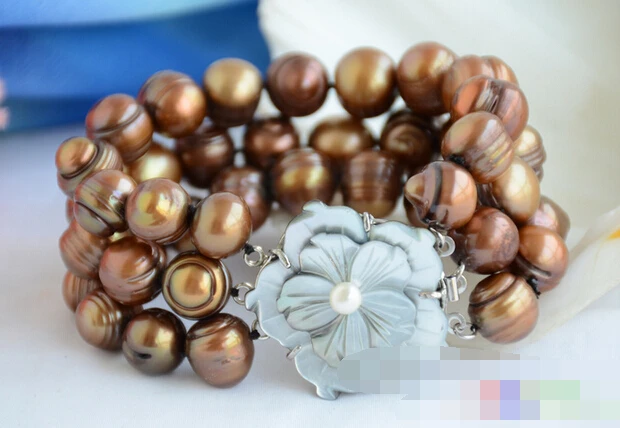 

free shipping 08769 3row almost round coffee screw thread freshwater pearl bracelet