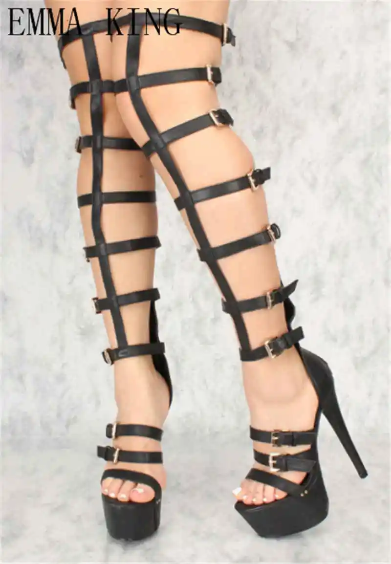 

Black Hollow Out Over the Knee Boots 2018 New Rome Fashionable Buckles Zipper Stilettos Boots Shoes Sexy High Heels Woman Shoes