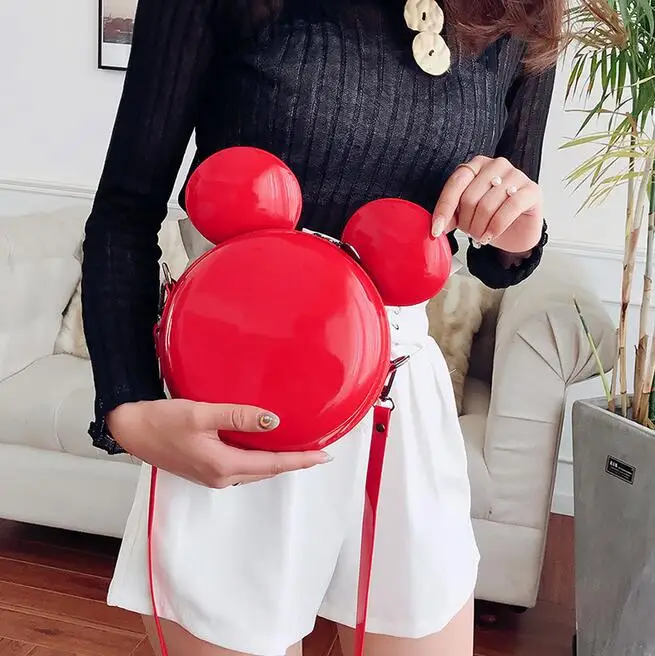 Cartoon Mickey Bag Fashion New Handbag High Quality PU Leather Shiny Mini Cute Large Ear Round Bag Shoulder Messenger Bags